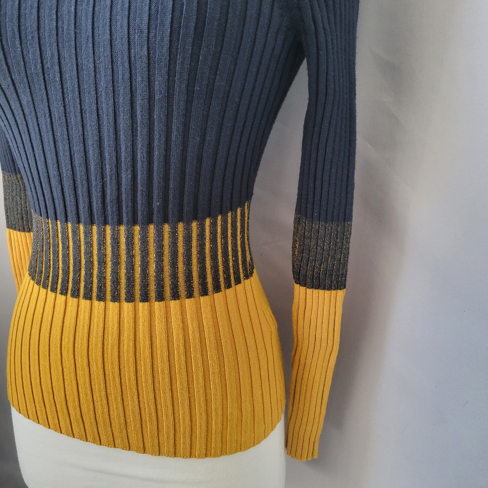 Karen Millen Ribbed Knit Color Block Sweater Top Blue Mustard S - Picture 6 of 12